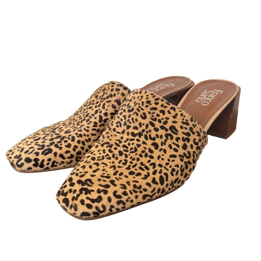 Franco Sarto Leopard Print Calf Hair Mules Women's 8.5 Block Heel Slip On